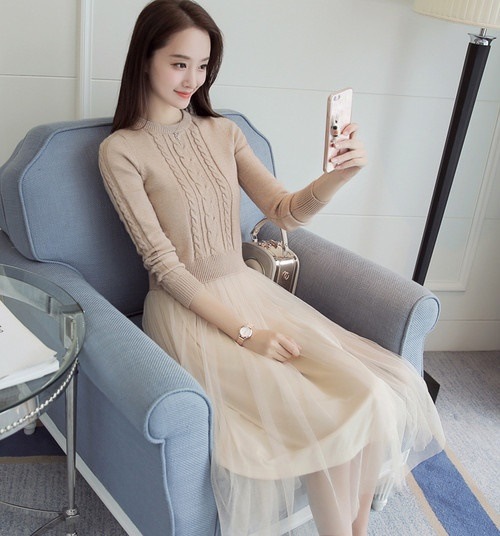 1689.ニットチュールワンピース（アプリコット）2019 春夏 sale 春夏 sale 通学 デート 結婚式 二次会 お出かけ