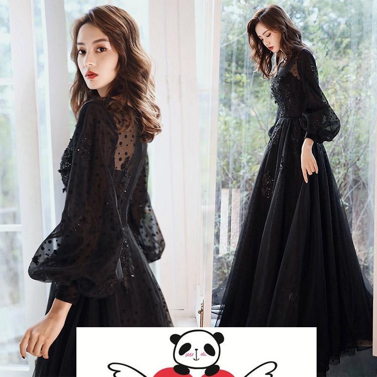 イブニングドレス ロングドレス 黒 パフスリーブ 長袖 ビーズ キレイめ パーティードレス Aライン 演奏会発表会ドレス ブラック キラキラ スパンコール 花柄