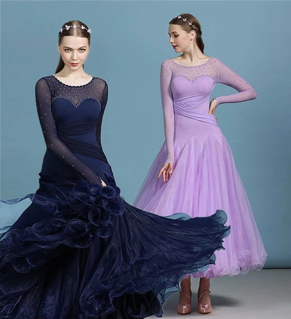 社交ダンス衣装 社交ダンス ドレス 社交 ダンス練習着 衣装 ワンピース 練習着 イベント 競技大きい裾 ワルツ 派手 高級感 おしゃれ 豪華 舞台 パープル ネイビー インターナショナル