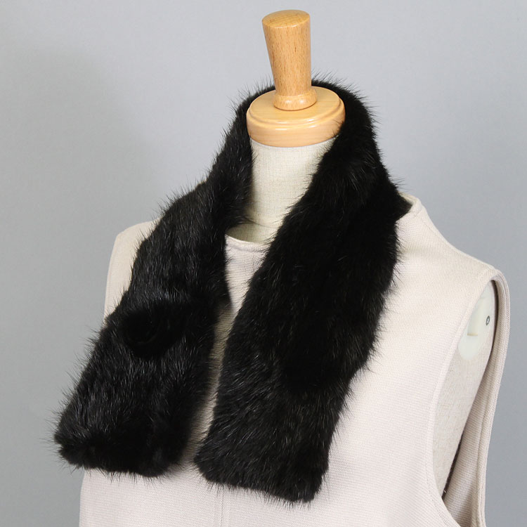 ミンク 編み込み ファー マフラー コサージュ飾り付 ブラック 送料無料 レディース ギフト プレゼント