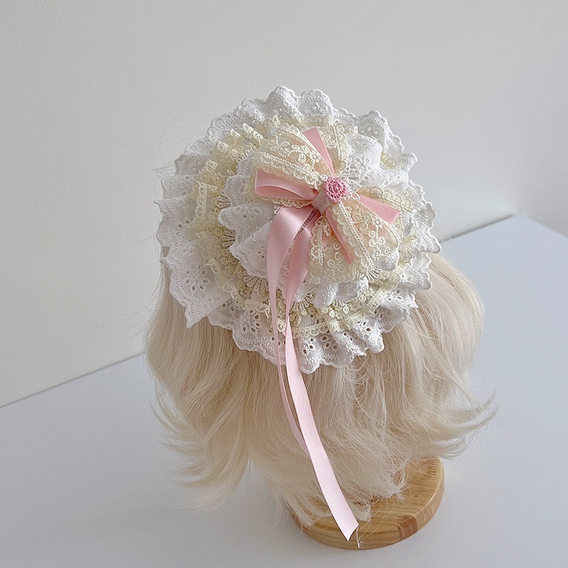 ハンドメイドボウハットロリータレースウールハットロリータフラットハットギフトデザイン