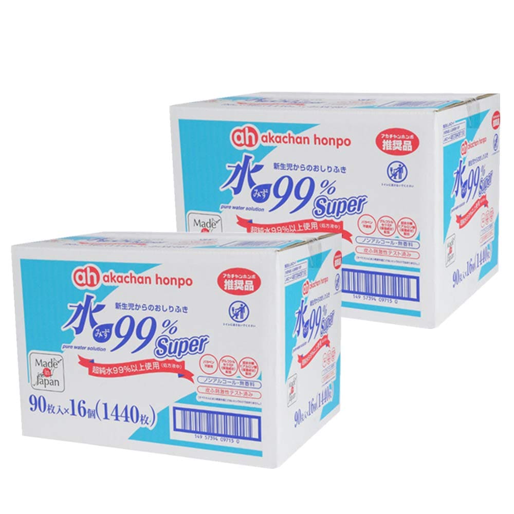 【お得２箱セット】アカチャンホンポ 赤ちゃん本舗 90枚x16個x２箱 おしりふき ケース 水99％ Super おしりふき 1440シート (x 2)