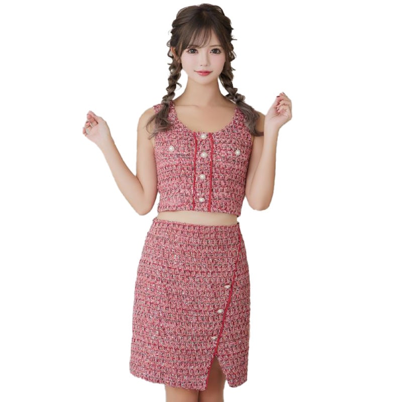 【SMLサイズ】ツイード セットアップ ノースリーブ スリット 背中隠し ボタン タイト ミニドレス キャバドレス [1293]