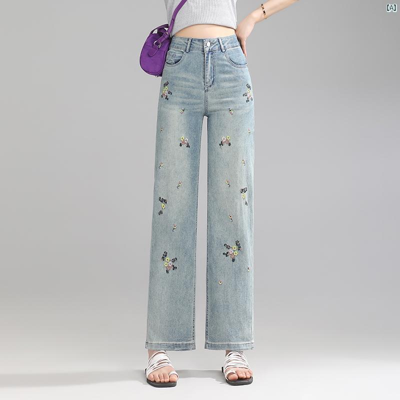 おしゃれ 刺繍入り ジーンズ ナロー ワイド レッグ パンツ レディースパンツ 夏 薄手 太 ミリ 大きいサイズ ストレート 九分丈