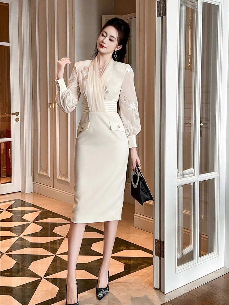 秋冬 Ｖネック ドッキング 長袖 フリル ドレス パーティー キャバ 大人 同窓会