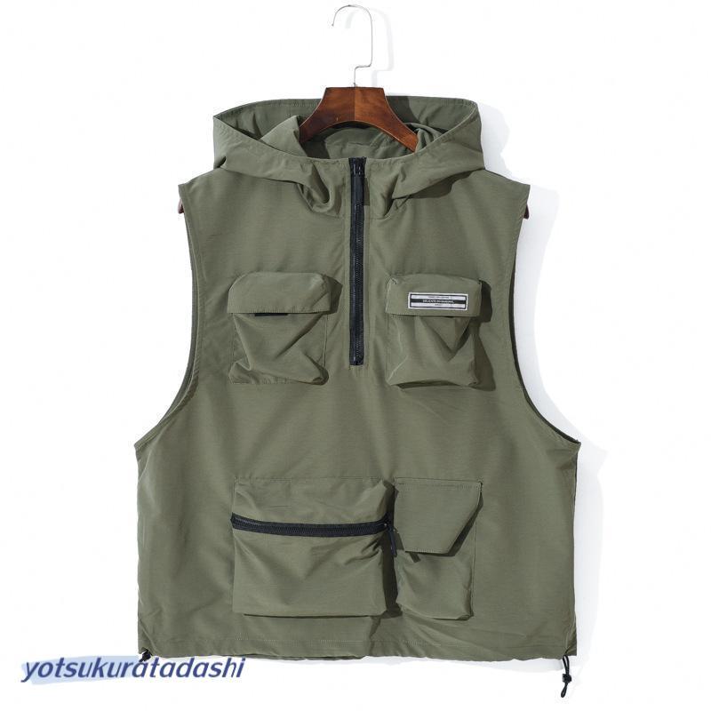 【即納 激安販売！】ベスト ミリタリー メンズ 多ポケット プルオーバータイプ フィッシングベスト ハーフジップ オシャレ 街着 フード付き 釣り 撮影 アウトドア 4,759円