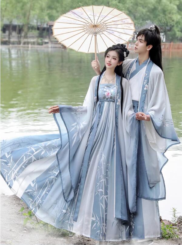 漢服唐装 メンズ レディース ペアルック 竹柄プリント 花刺繍 中華服 男女兼用漢服 おしゃれなチャイナドレス チャイナ服 中華舞台ステージ衣装 華流コスチューム 中国古代衣装 ロングスカー 振袖羽織