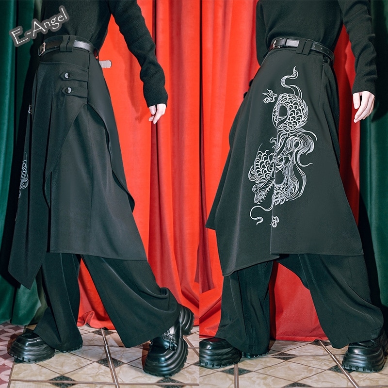 【快速出荷】重ね着風パンツ 秋冬 チャイナ風 ワイドパンツ 黒 龍柄 キュロットパンツ レディース ダンス ボトムス 合わせやすい 着痩せ パンク風 暗黒風
