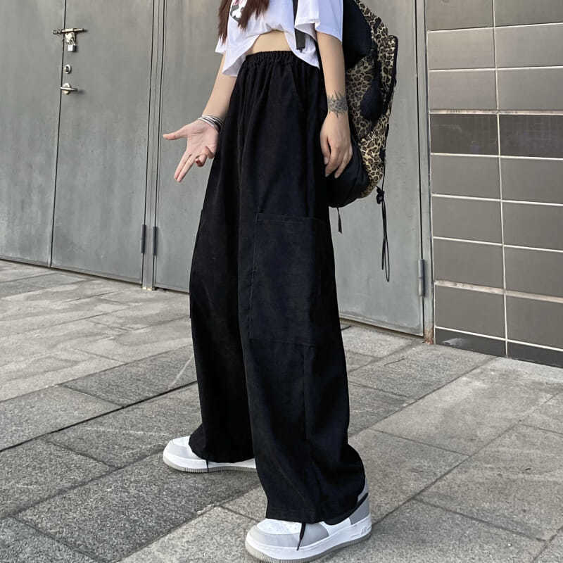 カーゴパンツ ボトムス 長ズボン スラックス コーデュロイ メンズライク マニッシュ ミリタリー ストリート レトロ ワンタック フレアパンツ スリット ウエストゴム ハイウエスト