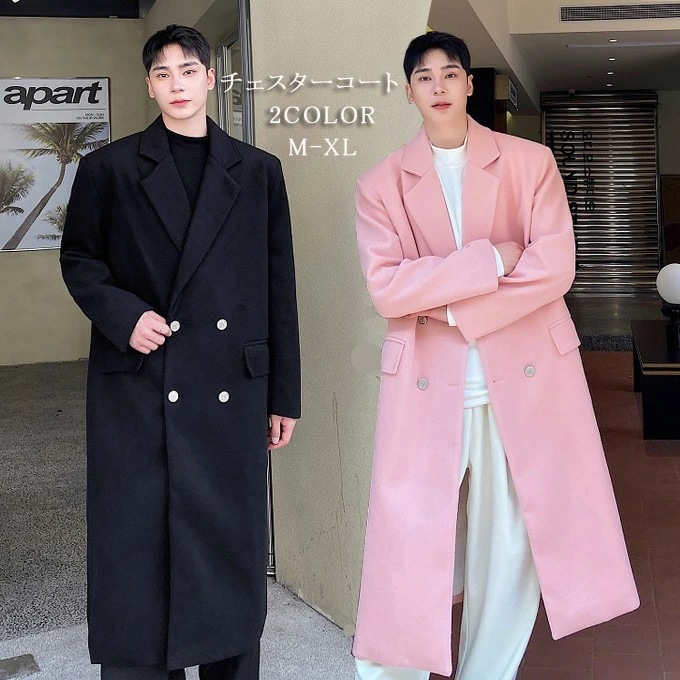 チェスターコート メンズ ロング ロング丈 コート ウール風 厚手 暖かい ダブルボタン 秋冬 アウター コート ビッグシルエット 韓国 ファッション おしゃれ シンプル コート カジュアル ストリー