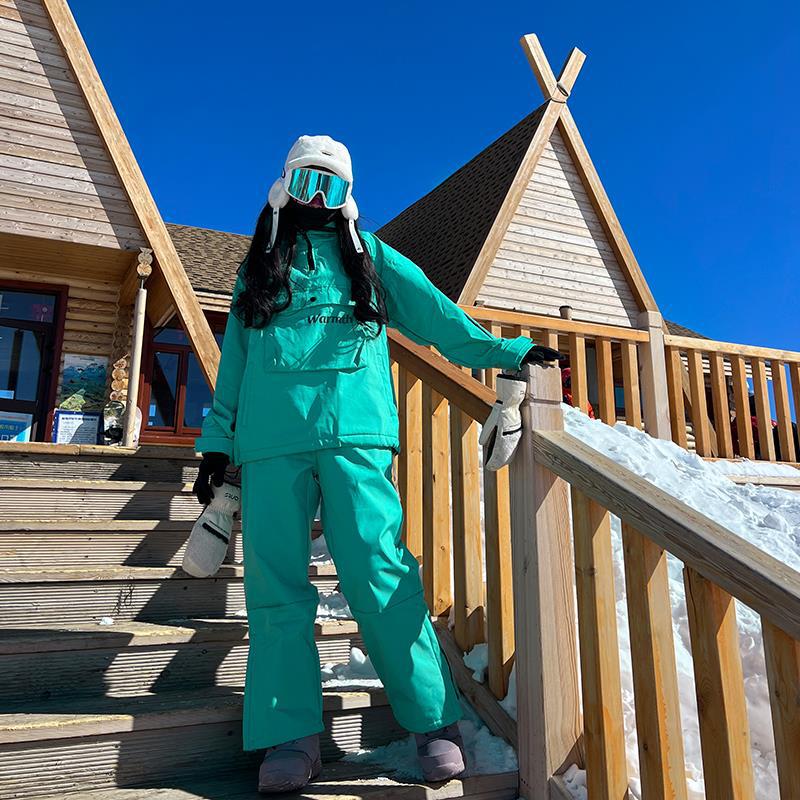 真冬の防風防水スキーウェアセット大ポケット男女加絨加厚スキーパンツレディースウェア