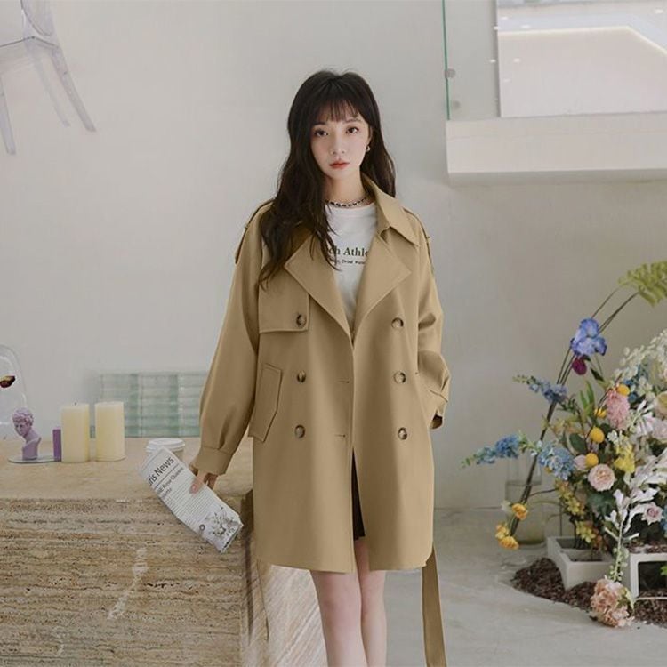 ジャケット 韓国ファッション 24 アウター とのスタイルのスモールジャケットコートスリムフィットミッドレングスジャケット カーキの気質ウインドブレーカー女性