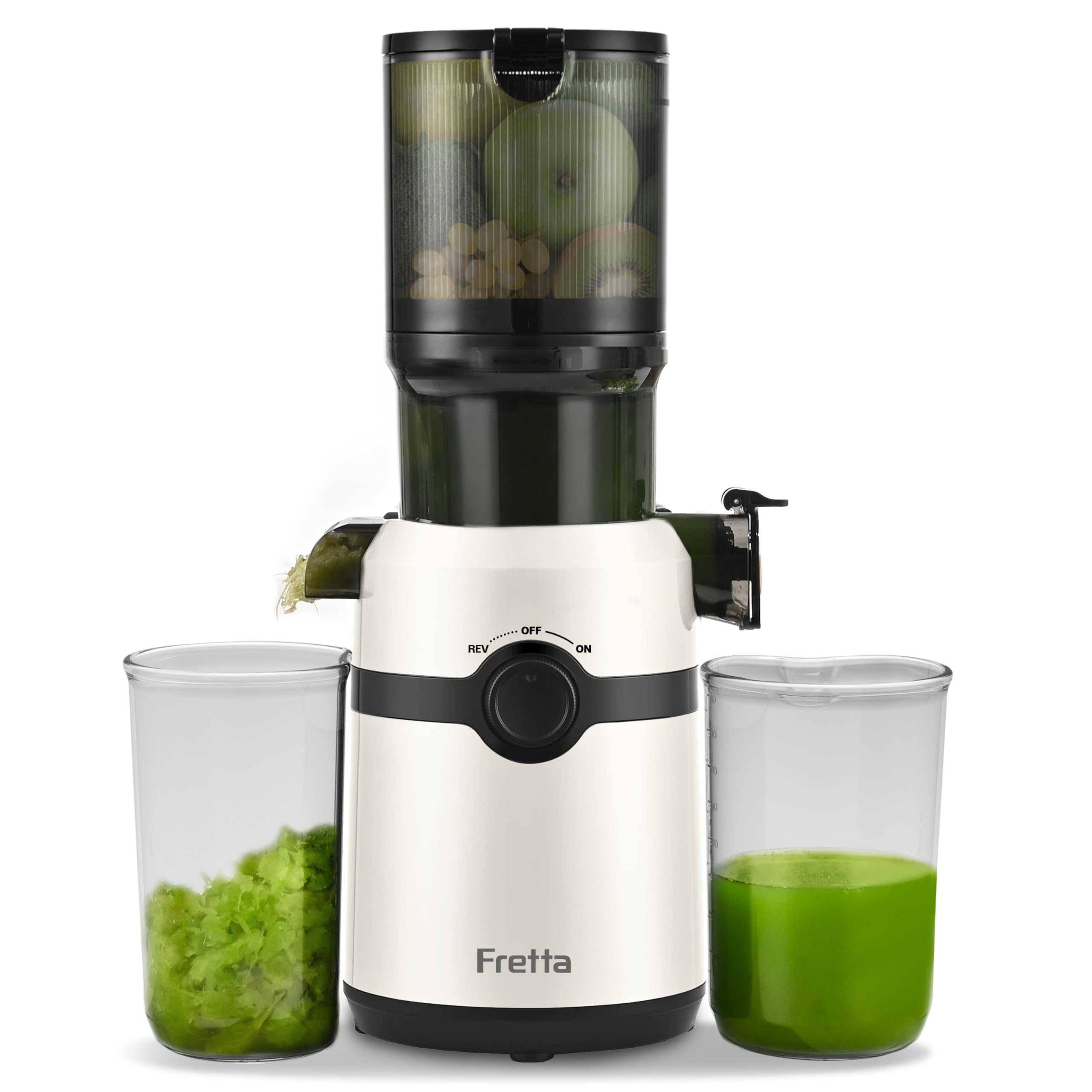 Fretta ジューサー 10.8cm広い投入口 1L大容量 スロージューサー 細かくカット不要 一度投入 取り付け簡単 コールドプレスジューサー BPAフリー ホワイト