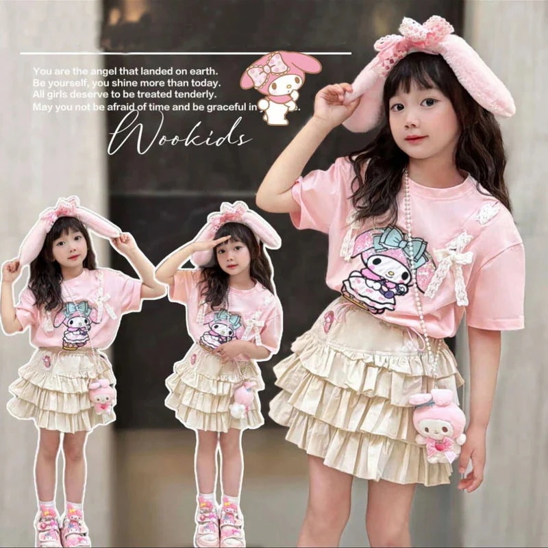 【期間限定】キラキラ　マイメロ上下2点セットキャラクター 春夏 キッズtシャツ スカート上着 半袖Tシャツ 子供服 ベビースカート韓国ファッション