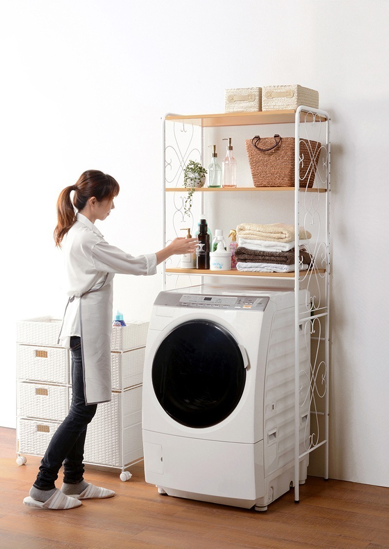 ラック 棚 洗濯機 ランドリー 収納 物干し ハンガー すき間 隙間 スチール アンティーク かわいい エレガント 75cm