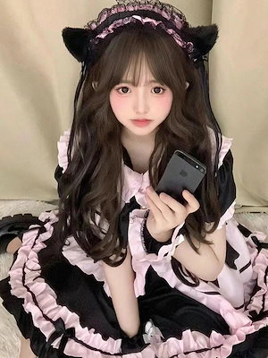 今年人気のロリータSALEロリータワンピース ネコ匹 メイド服 かわいい 黒ピンクの大きな蝶の尾引き 日常 ロリータ脚魅せミニスカート