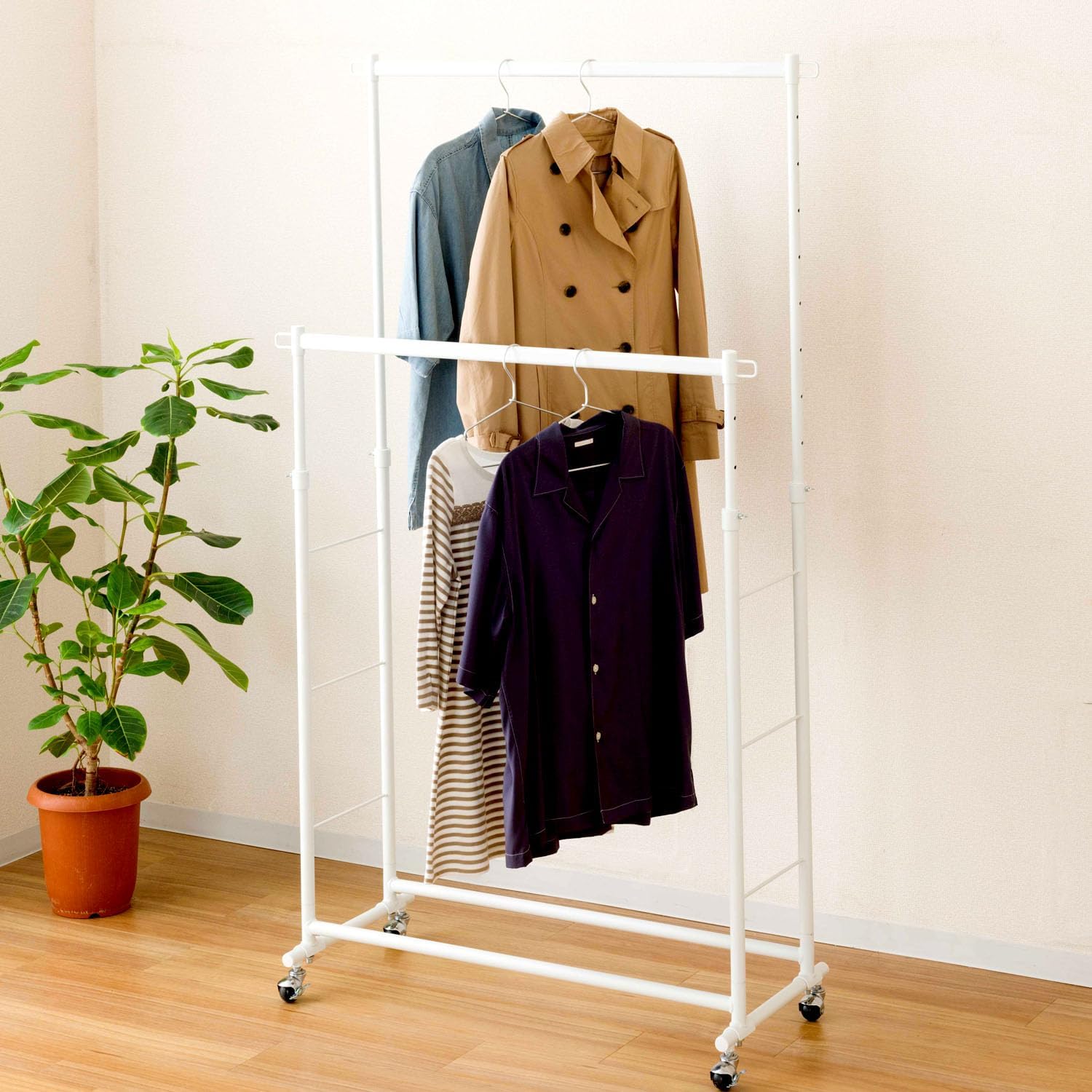 ドウシシャ ハンガーラック ダブルパイプハンガー 幅100cm 耐荷重150kg 頑丈 白 ホワイト おしゃれ 可愛い LIHD-100WH 幅100×奥行4 ートも収納OK 洋服掛け 業務用 大容量