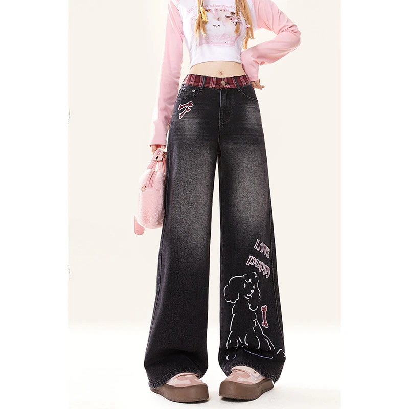 レトロ落書き黒古いアニメジーンズ女性春秋の新型ゆるいストレート高腰広脚長ズボン