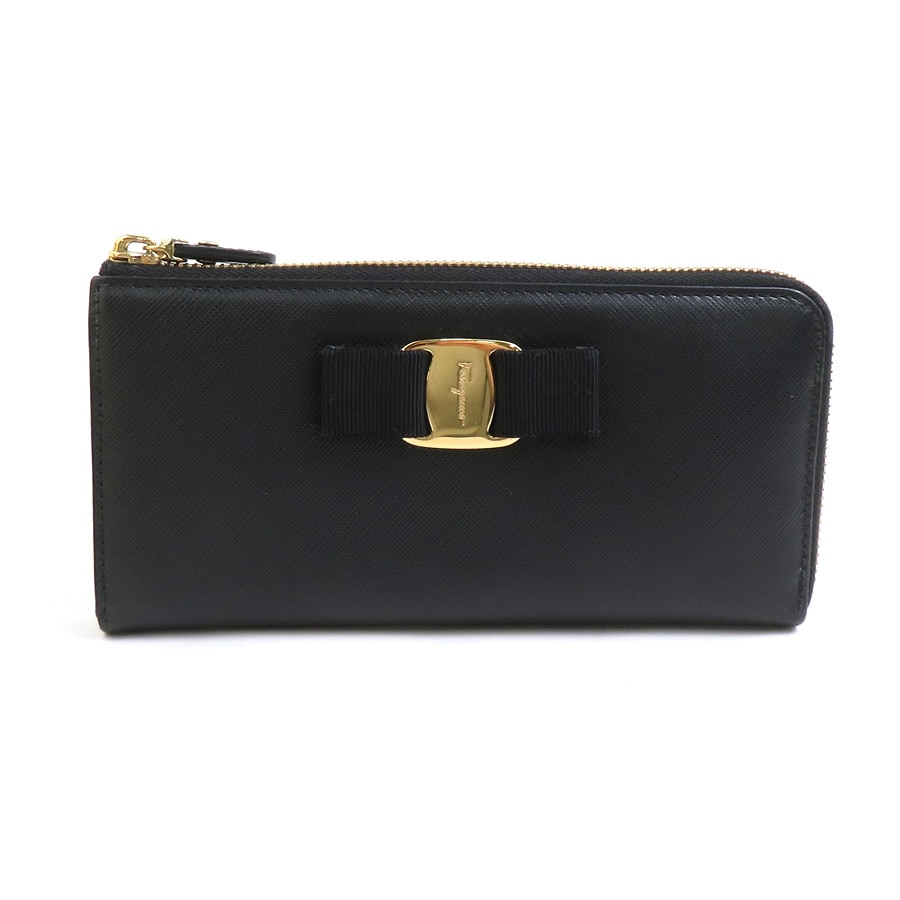 サルヴァトーレフェラガモ Salvatore Ferragamo ラウンドファスナー長財布 ヴァラリボン レザー ブラック レディース h31413a