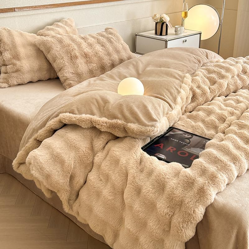 布団カバーセット ラビットファー調 冬用 あったか 4点セット フランネル マイクロファイバー 厚手 もこもこ 静電気防止 ふわふわ 暖かい 冷え対策 洗える 吸湿発熱 昼寝 高級 寝具カバー 姫系