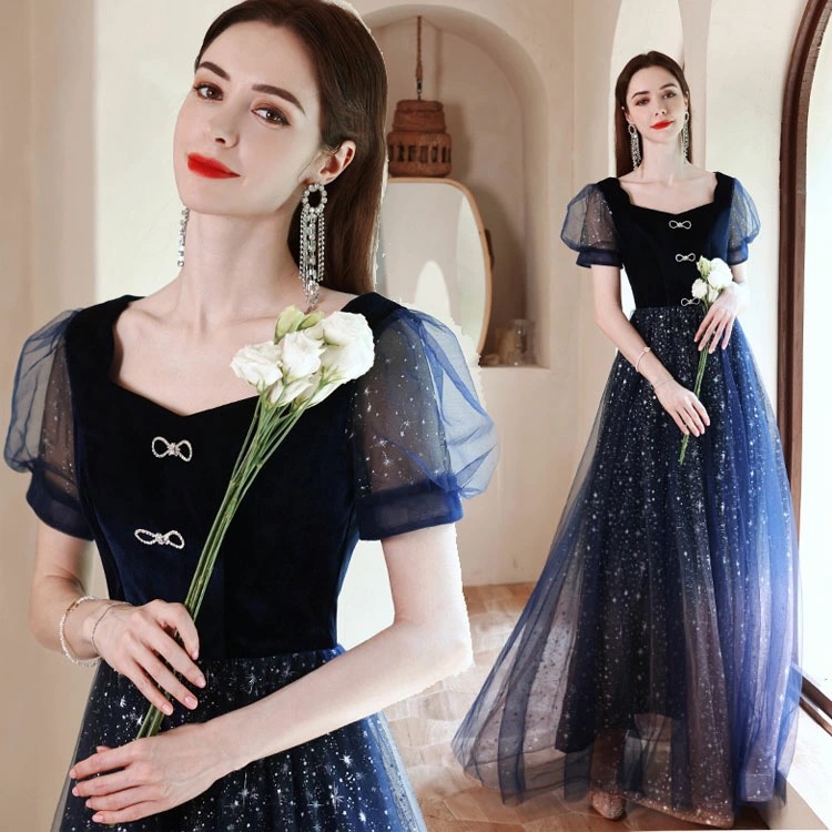 イブニングドレス ネイビー ベロア ベルベット 発表会ドレス ロングドレス 紺色 ラインストーン リボン オシャレ 演奏会ドレス コンサート コンクール コンテスト パーティードレス ロング パフスリ