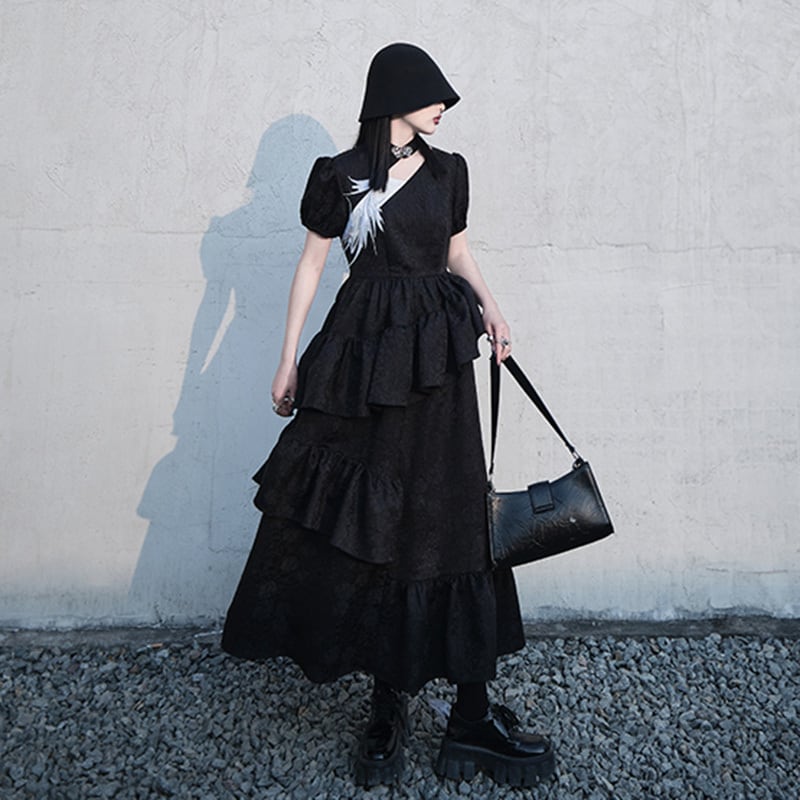 チャイナ風ワンピース ロング マキシ丈 ジャガード 鳳凰 切り替え ワンピース 半袖 黒 白 レイヤードワンピース 暗黒系 腰括れ 着瘦せ