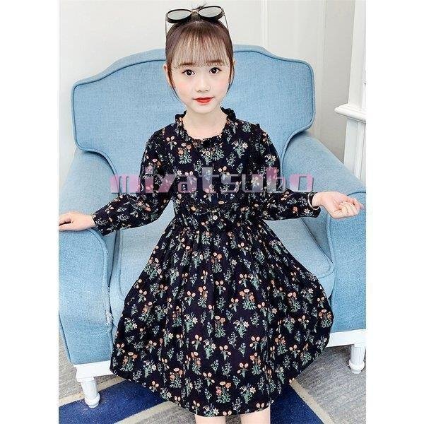 ワンピースキッズ長袖ワンピース子供服女の子春秋花柄ワンピース綿子供ドレスジュニアチュニックフレアおし