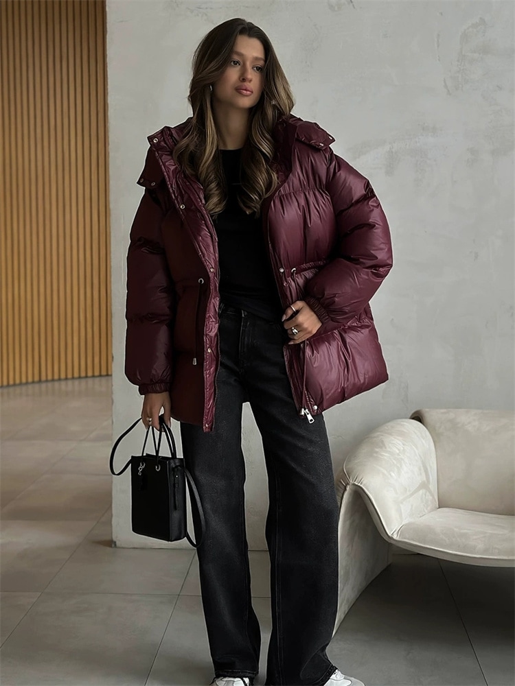 欧米シンプルテイストのドローストリング中綿コート フードファスナーのアウター ウエストの紐で上半身のラインを整え 蒸れにくく保温性があり 調整可能で 4 カラーから選択できます