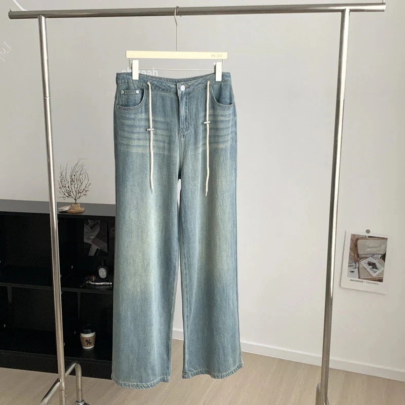 韓国 春 夏 秋 冬 四季 着痩せ デニムパンツ ジーンズ レディース ハイウエスト ストレート ワイドパンツ ゆったり 大きいサイズ 美脚 ライトブルー