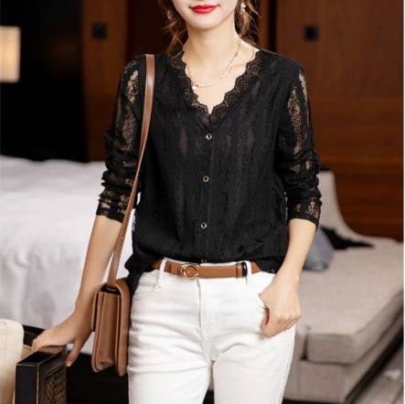 トップス シャツ ブラウス 袖あり 長袖 Vネック 襟なし ワイド レース シフォン 前開き 透け感 シースルー 綿 ポリエステル 大人可愛い きれいめ シンプル おしゃれ お洒落 大人女子 こなれ感