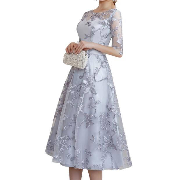 パーティードレス　ワンピース　結婚式　発表会　袖あり　3色　二次会　披露宴　膝丈　演奏会　お呼ばれ