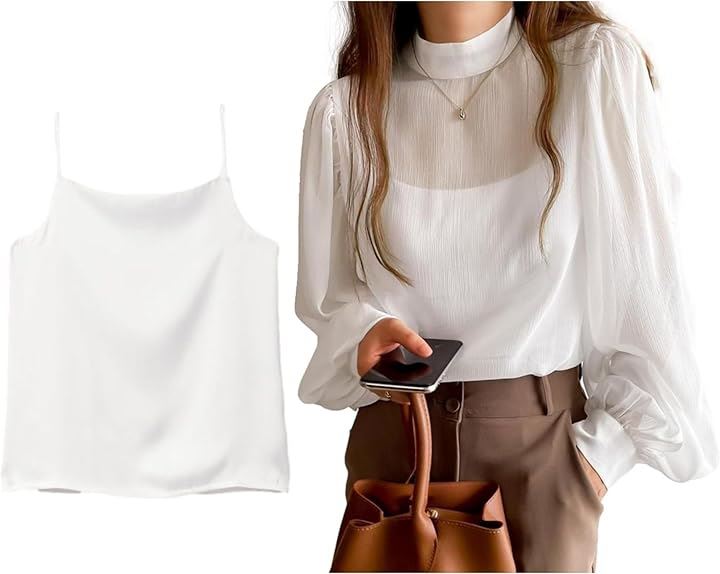 ブラウス＋キャミセット レディース シャツ インナーキャミ ボリュームスリーブ モックネック シアー シボ感 楊柳 レディースライク しっかり見え エレガンス 長袖(ホワイト, S) 5,401円