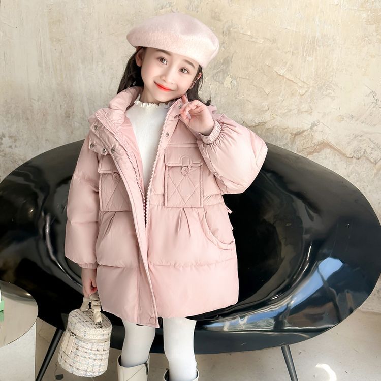 女の子ダウンジャケット 2024 新しい子供服西洋スタイルの冬ホワイトダックダウン肥厚フード付き女の子ミッドレングスジャケット