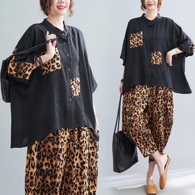 涼しく楽ちんセットアップ韓国ファッション夏レディーススウェット豹柄切り替え上下セットリネン素材トップス