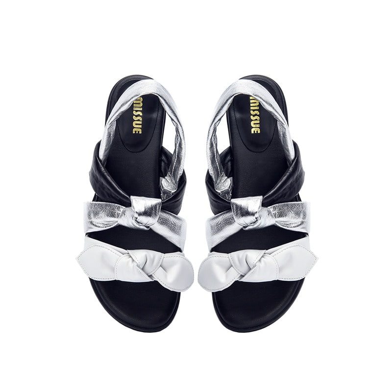 二色リボンストラップサンダル[シルバーホワイト]