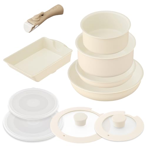 アイリスオーヤマ フライパン 鍋 セット IH&ガス火対応 10点セット 取っ手の取れるフライパン セラミックカラーパン サッと火が通る熱伝導性 時短でふっくらジューシー CC-10S ディープアイボ