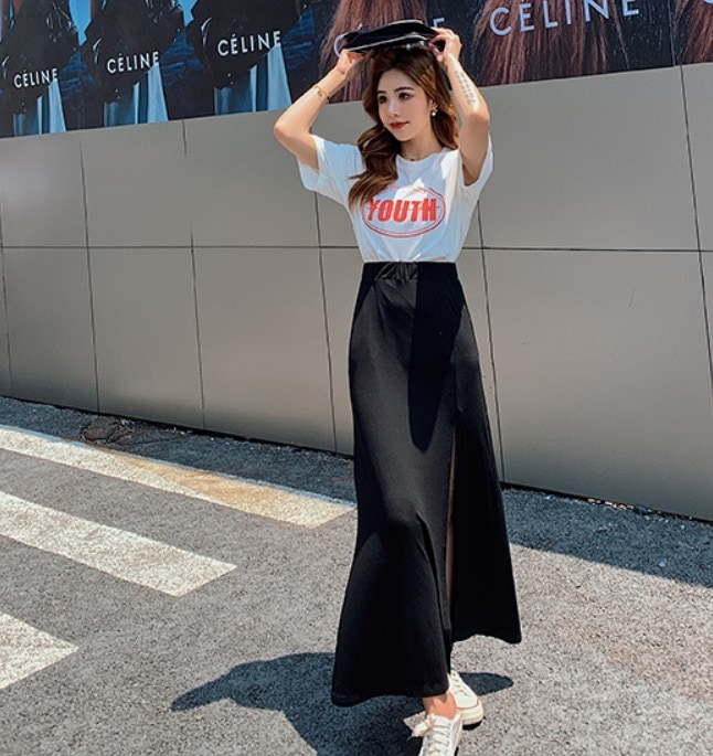 スカート デート モテアイテム フレアスカート ロング丈 サイドスリット コットン 可愛い きれいめ 上品 おしゃれ かっこいい 可愛い ラブリー キュート ガーリー クール モード系