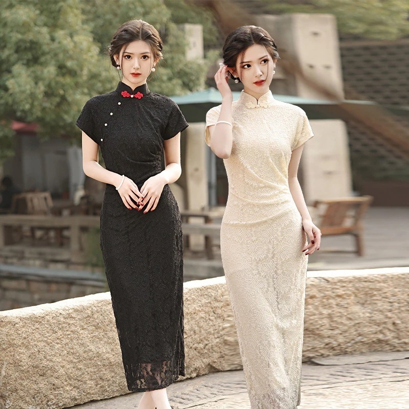 2024春夏新作二層ロングレース改良新風チャイナドレスレトロファッションラグランスリーブチャイナドレス