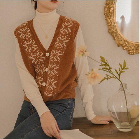 トップス ベスト レトロ Vネック シングルブレスト 秋 花柄 オレンジ ベージュ レギュラー丈 S M L XL セーター ニットベスト ジャガード ミディアム丈 袖なし 襟なし かわいい