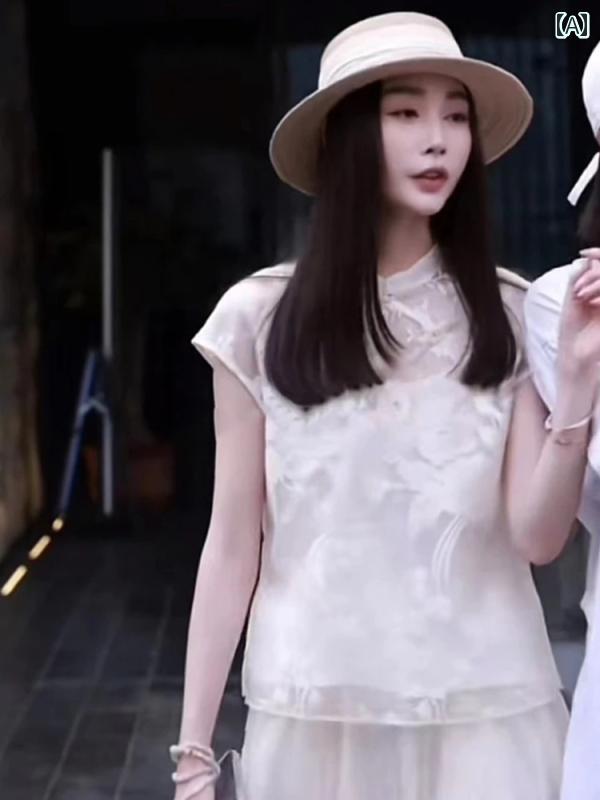 レディース ファッション チャイナ風 白 ボタン アップ 半袖 シャツ 夏 美しい シャツ