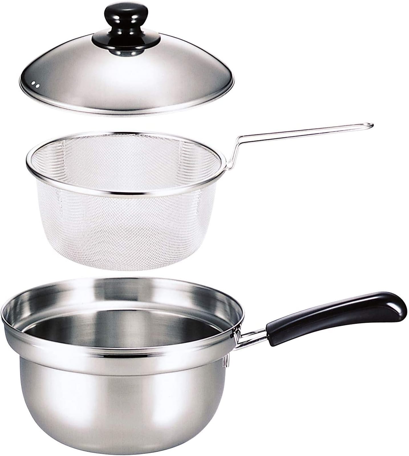 下村企販 片手鍋 ゆで名人 ザル付 20cm 【日本製】 2.4L 直火・IH対応 ふきこぼれにくい 湯切りザル付き 麺が底にくっつかない 水切りしやすい 目の細かいアミ そば そうめん うどん パス