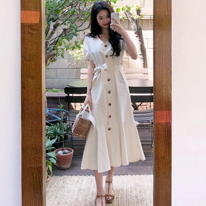 ワンピース レディース ロングスカート ロングワンピース スイング スイングロングスカート Vネック ハイウエスト シングルブレスト ストラップ ミドル丈スカート 大人可愛い きれいめ シンプル