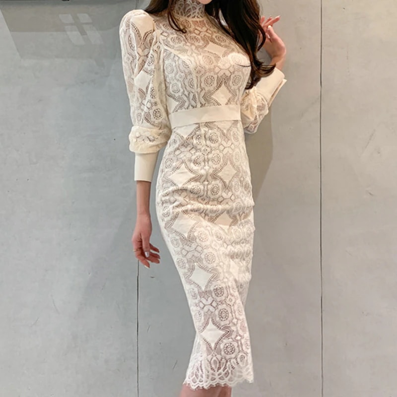 花柄 総レース ミモレ丈 ワンピース ワンピドレス 膝下 ミモレ 袖あり 長袖 パフスリーブ スタンドカラー スリム タイト 切り替えデザイン レース スリット バックスリット ファスナー