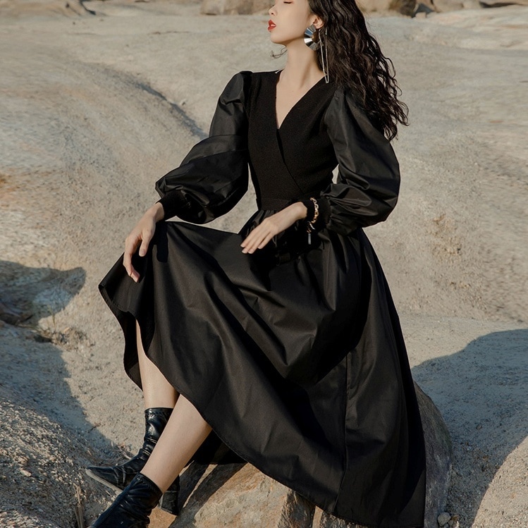 ワンピース ミディアム丈ワンピース 長袖 ボリューム袖 Vネック ウエストリボン 切り替えデザイン フレアスカート かわいい 大人可愛い きれいめ シンプル カジュアル 上品 おしゃれ かっこいい