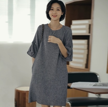 ワンピース プルオーバー ショート丈 袖あり 5分袖 ボリューム袖 ラウンドネック 襟なしストレート 大人可愛い きれいめ シンプル 大人 上品 おしゃれ こなれ感 ラフ ルーズ 個性的 主役級