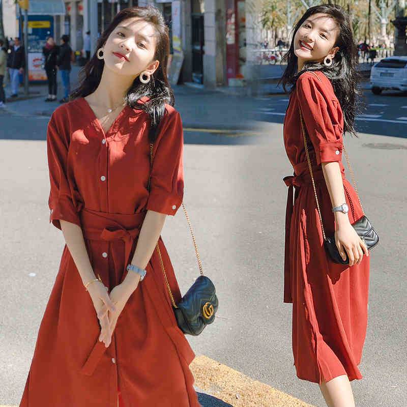 ワンピース レディース ロング シフォン ミモレ丈 ひざ下 ボタン Vネック 襟なし シャツ 半袖 リボン ハイウエスト ゆったり サイド スリット 前開き 普段使い お出かけ デート きれいめ 旅行