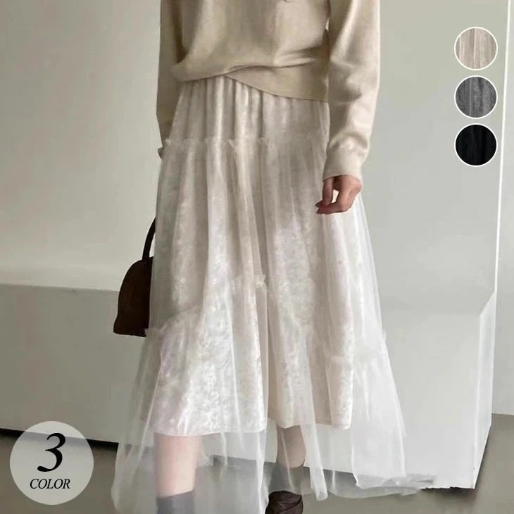 レース スカート ロングスカート 春 秋 レディース ボトムス スプライシングスカート オシャレ レトロ コットン 綿100% Aライン 韓国ファッション
