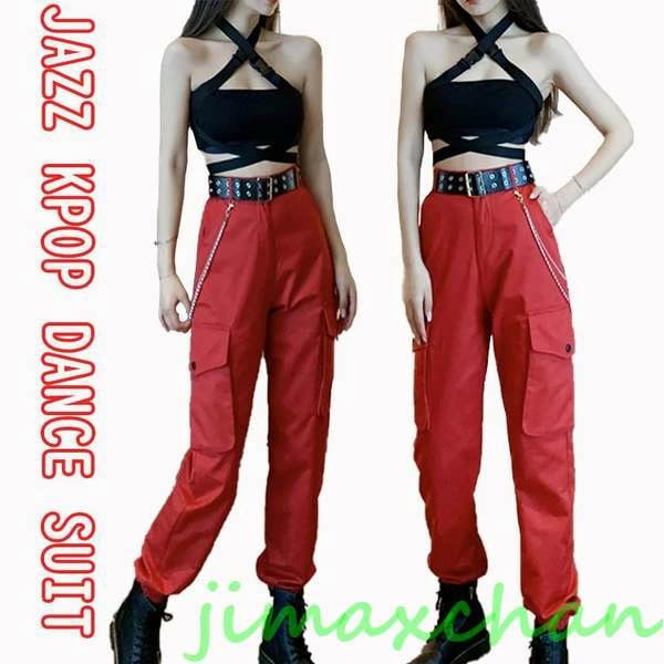新品　ダンス衣装 セットアップ 大人 ヒップホップ カーゴパンツ 赤 kpop衣装 ジャズ ダンス 衣装 大人 k-pop ダンス カーゴ ダンス衣装 レディース