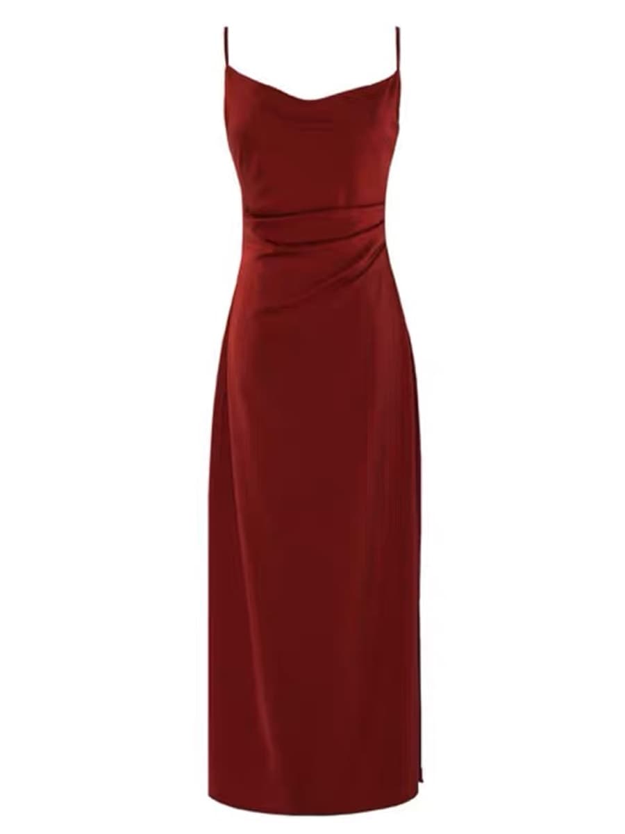 現品フレンチレトロ修身三酢酸サテンのセクシーな襟付きキャミソールスカートワインレッドのインナーに開叉ワンピース