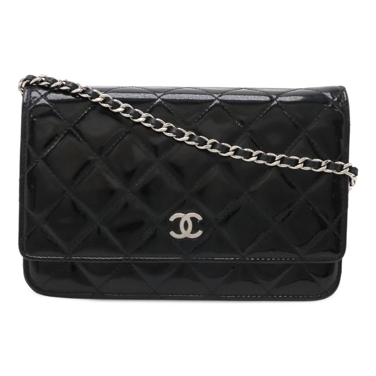 マトラッセ ココマーク チェーンウォレット チェーンショルダーバッグ エナメル パテントレザー ブラック 黒 シルバー金